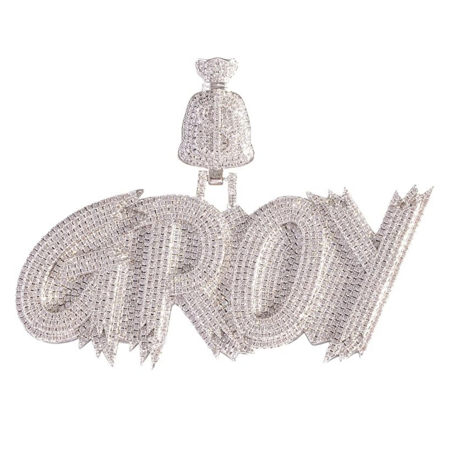 Iced Out Moissanite Custom Name Pendant with Money Bag Bail